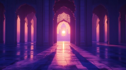 majestic ancient temple Taj Mahal with shadows in purple tones, orange light of the setting sun