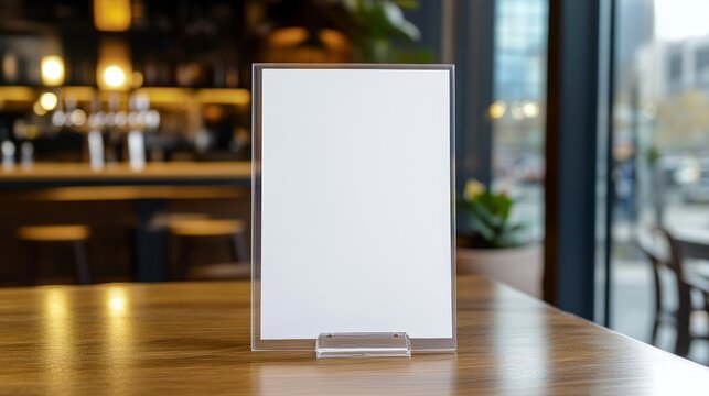 Mock up Menu frame in Bar restaurant Stand for booklets with white sheets of paper acrylic tent card on wooden table on