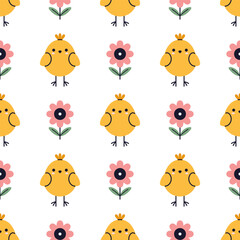 Vector kids easter seamless pattern with cute funny chicks and flowers in flat design. Cute baby chick design on pink background. Easter wrapping paper or fabric design. Kawaii seamless pattern.