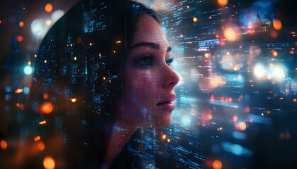 Young Asian woman in profile against futuristic digital city background with glowing bokeh lights and technological elements creating cyberpunk atmosphere.