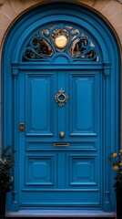 Obraz premium Elegant blue arched wooden door with ornate details and brass hardware.