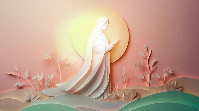 Subtle Glow of Serene Mother Mary Figure in Soft Light, Religious Symbolism with Gentle Illumination and Calm Atmosphere