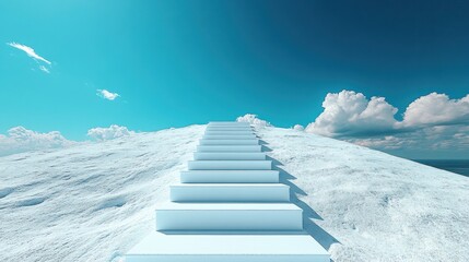 White stairs ascend snowy hill, blue sky