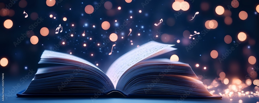 Poster open book with glowing magical musical notes floating above pages against dark background with soft 