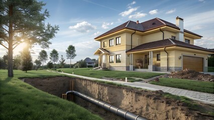 Suburban House with Underground Sewage Pipe - Cross-Section View 3D Rendering (Architectural Visualization)