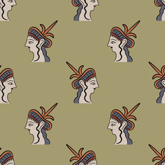 Seamless ethnic pattern with heads of Mycenaean women. Print with fncient Greek ladies or goddesses. On yellow gold background.