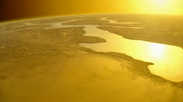 Aerial View of Titan&rsquo;s Golden Atmosphere with Glowing Methane Rivers and Lakes on Saturn&rsquo;s Largest Moon