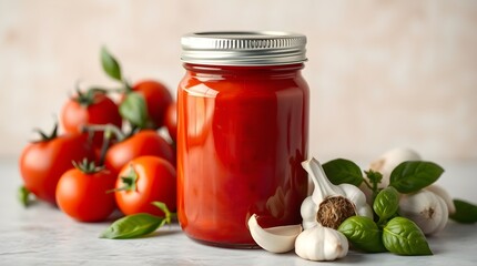  A jar of vibrant red tomato sauce with a metal lid is the focal point, set against a softly blurred neutral background. Accompanying the jar are fresh tomatoes