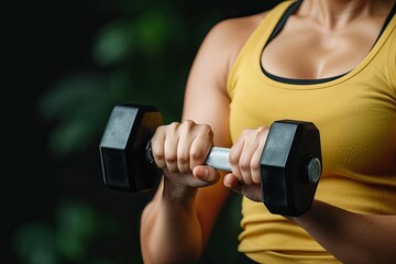 A female athlete with a determined expression, gripping a dumbbell in a yellow tank top against a dark, lush background. Transforming with Confidence