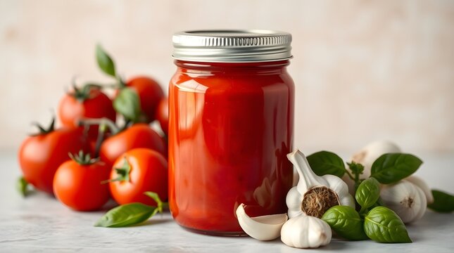  A jar of vibrant red tomato sauce with a metal lid is the focal point, set against a softly blurred neutral background. Accompanying the jar are fresh tomatoes