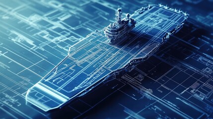 A futuristic aircraft carrier model on a digital blueprint background.