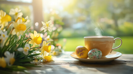 peaceful Easter morning scene with a steaming cup of tea, a decorated egg, and blooming daffodils