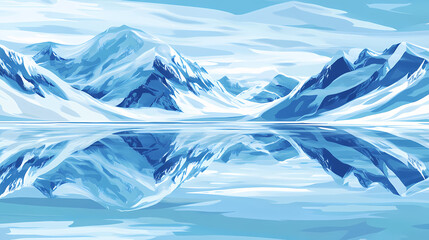 Fototapeta premium Pattern of snow-covered glacial peaks reflected in a crystal clear lake , glacial, peaks, snow, reflection, crystal clear, lake. Crystal Peaks. Illustration