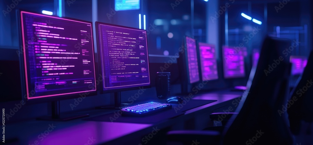 Poster night office coding; screens glow; city view; software development
