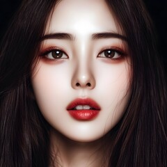 Stunning Closeup Portrait of a Young Woman with Red Lips and Dark Hair