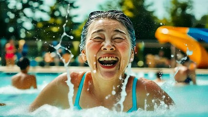 Elderly Asian woman laughing in sunny pool. Joyful senior enjoying water activities. Refreshing swim on a bright day. Poolside fun captured beautifully. Happiness and aquatic leisure combined.