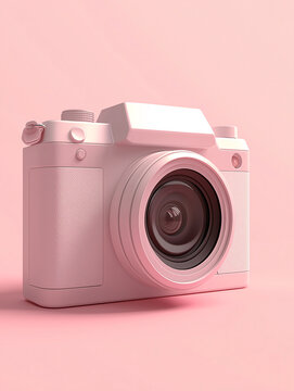 A pastel pink DSLR-style camera sits on a soft pink background, combining a vintage aesthetic with modern camera design for a stylish look.  