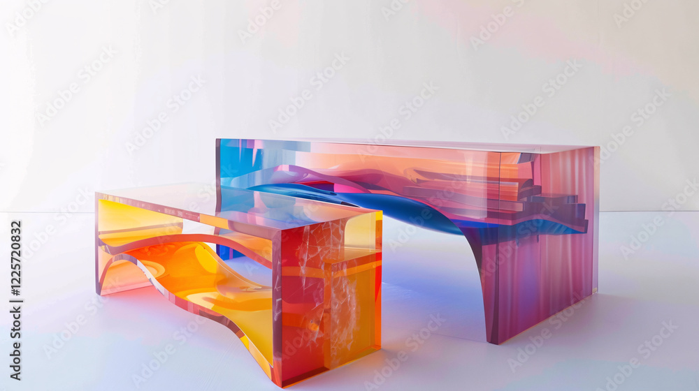 Poster two modern resin coffee tables are standing in a minimalist white room, showing a gradient of colors