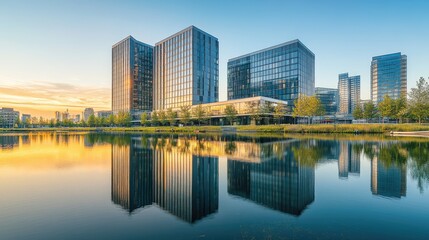 Obraz premium Modern Office Buildings Reflected in a Calm Water Body at Sunset