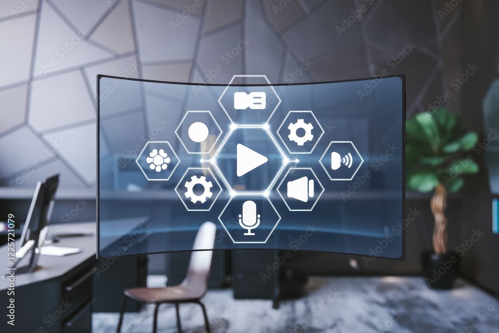 Poster futuristic digital interface display in modern office setting