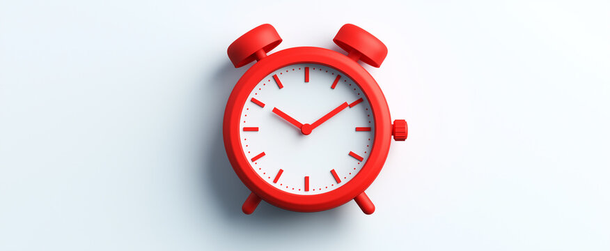 Red vintage alarm clock with white face and classic twin bells, minimalist time management concept, punctuality and morning routine symbol against a clean white background