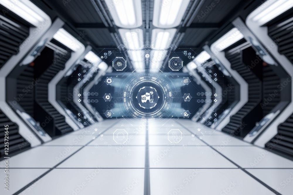 Poster futuristic technology corridor: data visualization in a sci-fi setting
