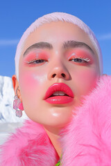 A bold portrait of a model with pink fur and glossy makeup set against a vivid blue sky. High-fashion beauty photography with a futuristic aesthetic.