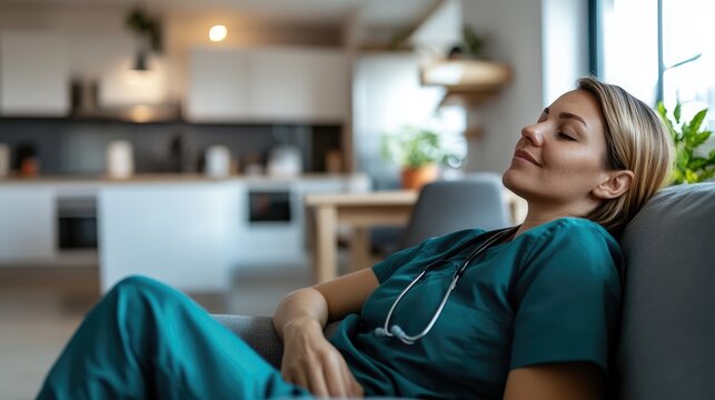 Nurse resting on sofa, home, kitchen background, healthcare worker relaxation