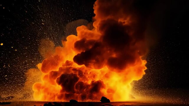 Intense explosion featuring vibrant orange flames and chaotic smoke, highlighting destruction and visual energy with dramatic effects