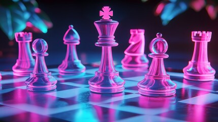 Chess pieces on a chessboard on a dark background shot in neon pink-blue colors The figure of a chess Close up