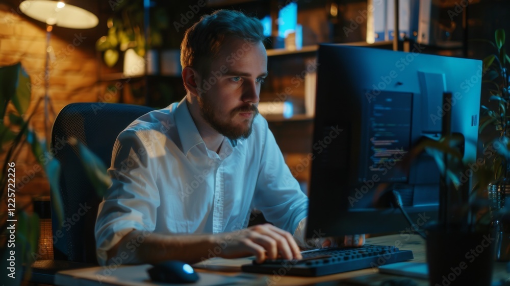 Poster a man is sitting at a desk with a computer monitor in front of him