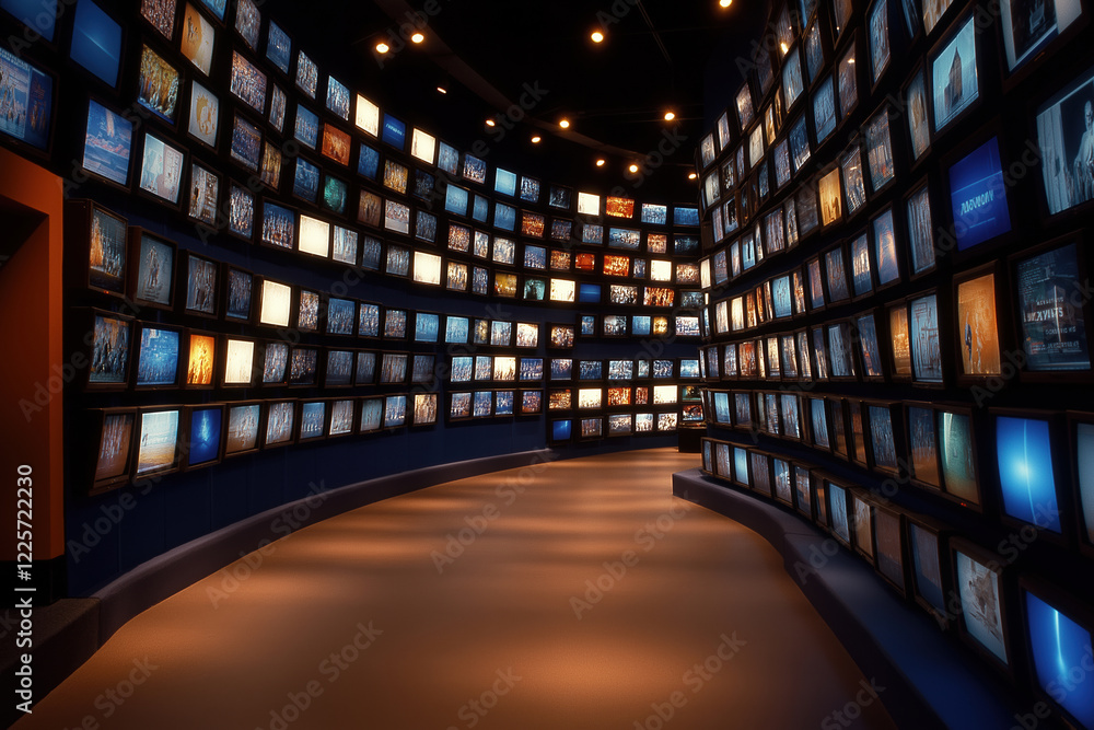 Poster gallery with various screens displaying diverse visuals in a modern space