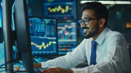 A man is sitting at a computer with a smile on his face