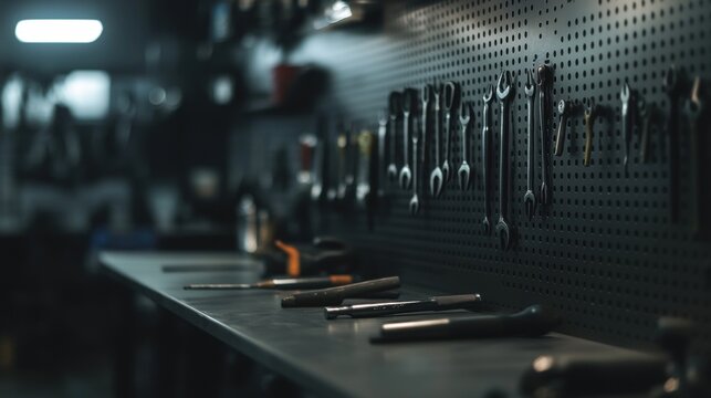 A row of tools are hanging on a pegboard