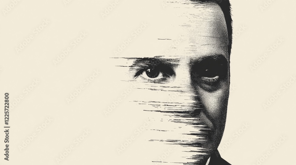 Poster abstract portrait of a man, face partially dissolving into digital glitch effect.