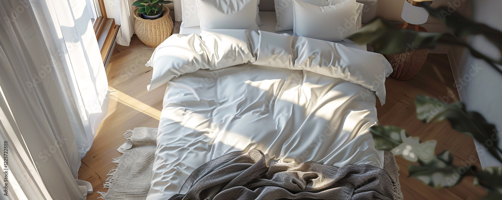 Poster Sunlight streaming through a window onto a bed with white linens in a minimalist style bedroom