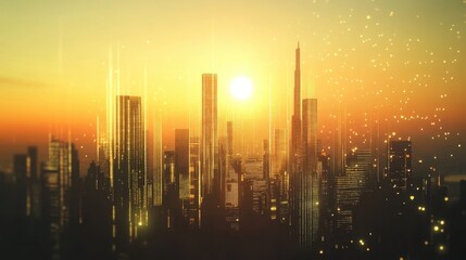 Golden sunset illuminating futuristic cityscape with data streams flowing between skyscrapers, showcasing innovative urban technology and interconnected digital network