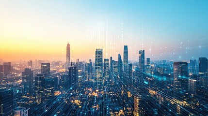 Obraz premium Illuminated Skyscrapers in a Futuristic City at Sunset