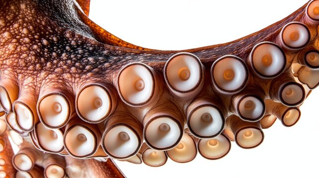 Macro shot Tentacle with suckers of a large octopus isolated on a white background Nature zoology ocean environmental protection Cooking seafood dishes healthy lifestyle