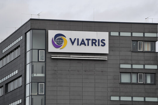 Germany, Bad Homburg, January 28. 2025, sign or lettering of Viatris. The US healthcare company Viatris was formed in 2020 through the merger of Mylan and Upjohn, a former Pfizer division.