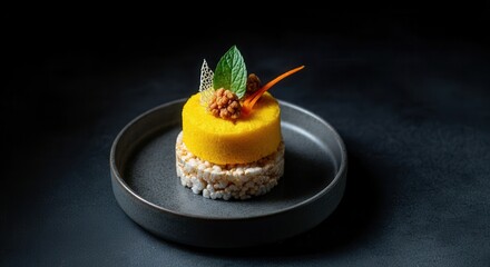 Gourmet dessert with yellow mousse and walnut garnish on edible base