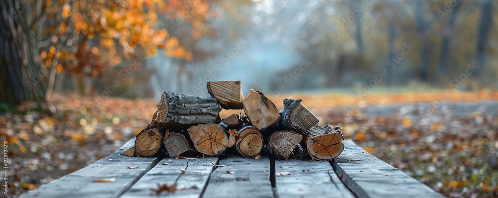 Poster autumn scene with a stack of chopped firewood on a rustic wooden table in the park
