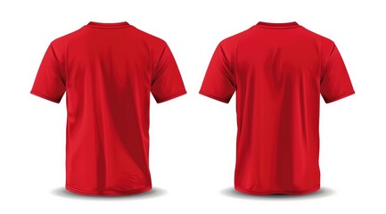 Customizable front and back view of red t-shirt mockup isolated on white background for clothing design templates and fashion branding.