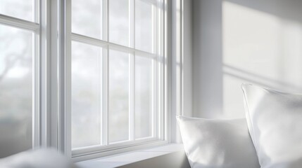 A white window with a white pillow on a couch