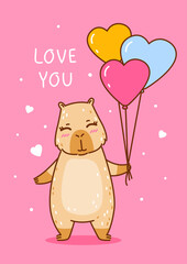 Cute сartoon capybara with heart balloons - funny animal for Your Valentines day design 2
