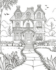 Obraz premium Complex and very detailed drawing of a house for a coloring book