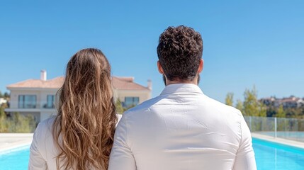 Couple viewing luxury villa by pool, sunny day