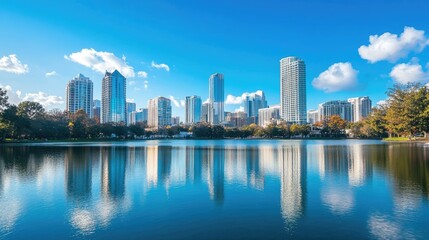 Fototapeta premium Modern City Skyline Reflected in Calm Lake Water