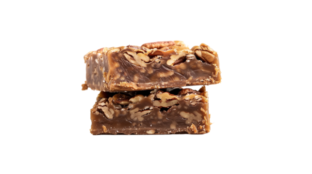 Pecan pie bars, stacked on top of each other, food photography, delicious, mouthwatering. Mockup for national pecan month, delicious sweet food, transparent background. Design element for poster, bann