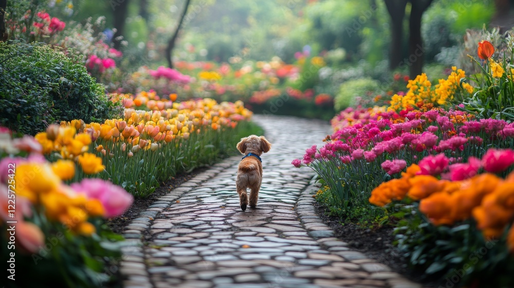 Aufkleber a small dog wanders along a winding stone path in a garden filled with blooming flowers in various c